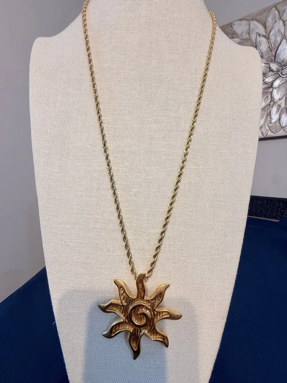 Vintage Sun Pendant Necklace Gold Tone 30” Boho